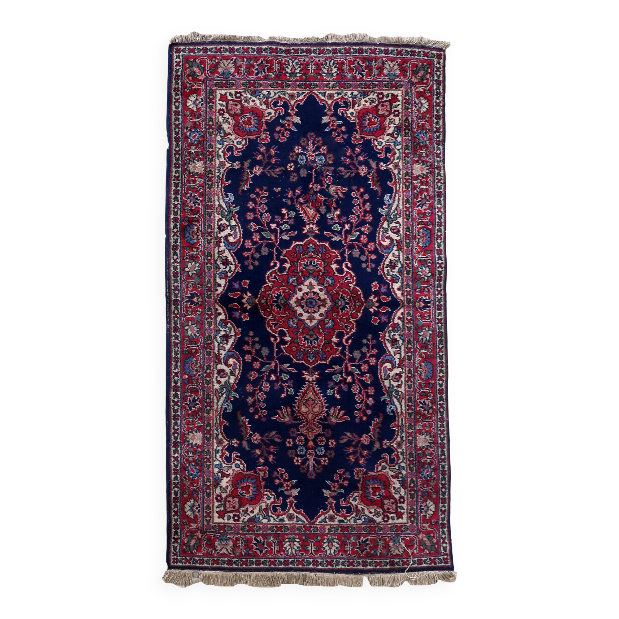Tapis Kerman Antique – Laine Bleue Vive & Rouge – 117 x 218 cm