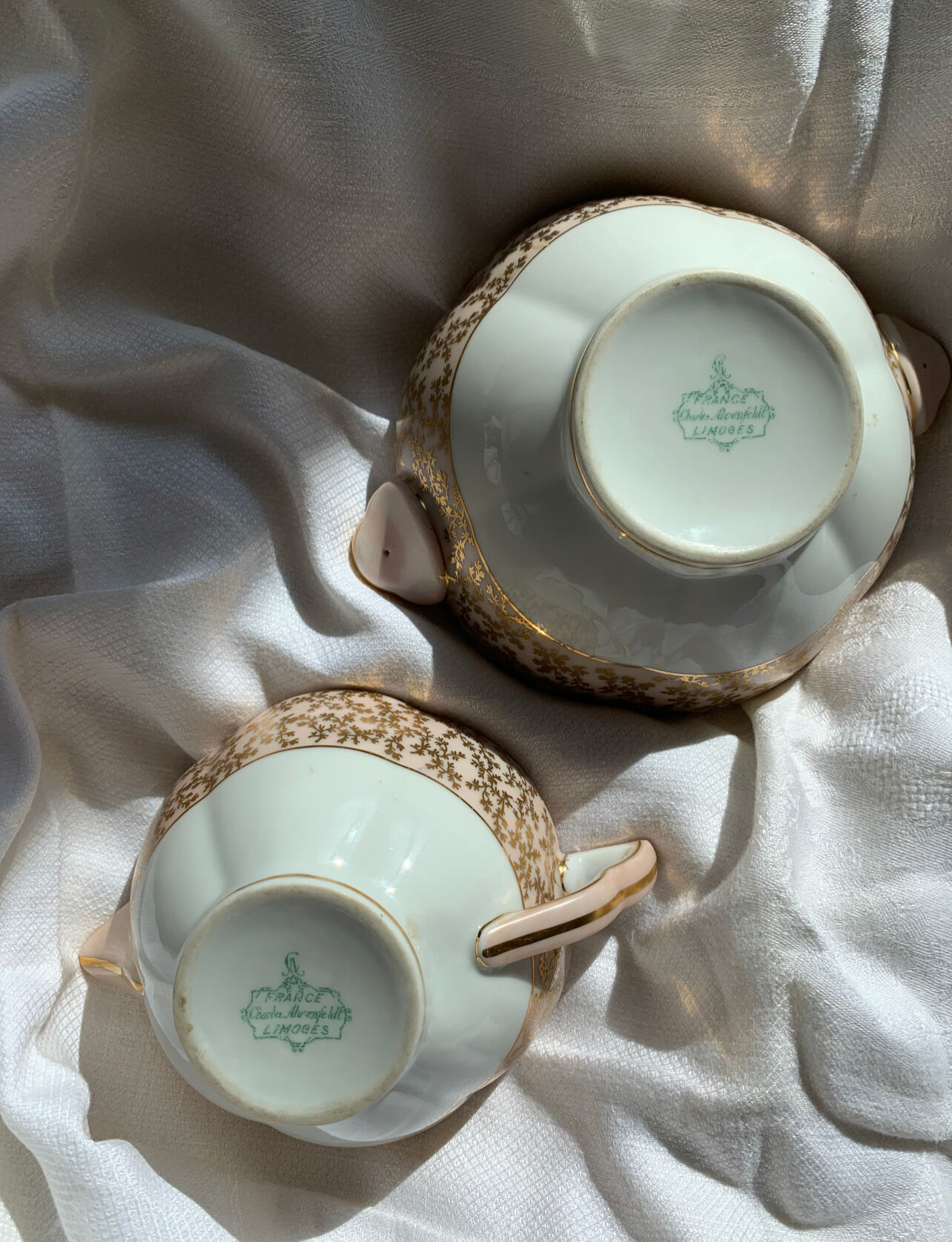 Pink and golden teapot and sugar bowl Limoges Charles Ahrenfeld