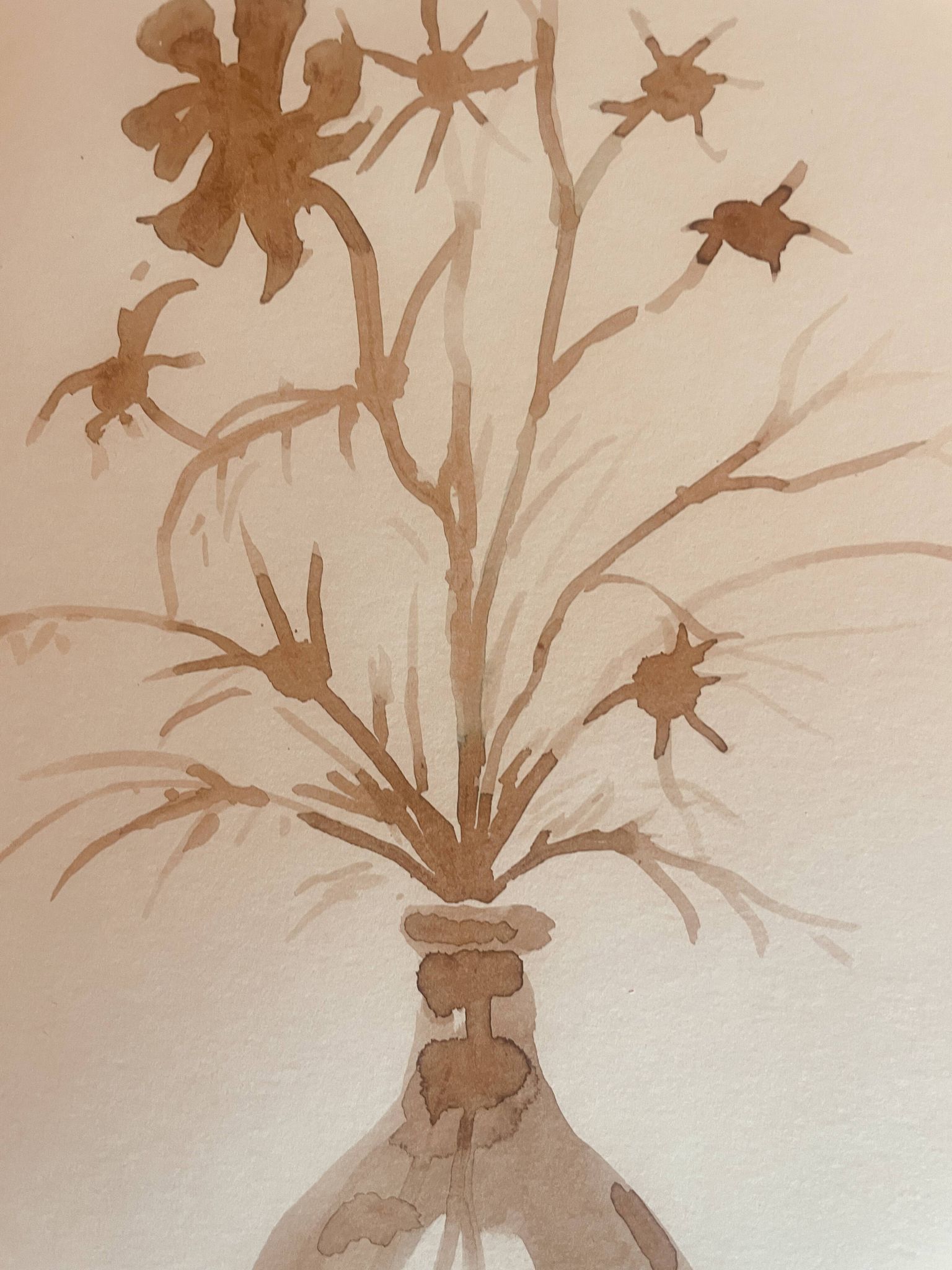 Tableau, nature morte monochrome sépia « fleurs séchées », signé