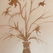 Tableau, nature morte monochrome sépia « fleurs séchées », signé
