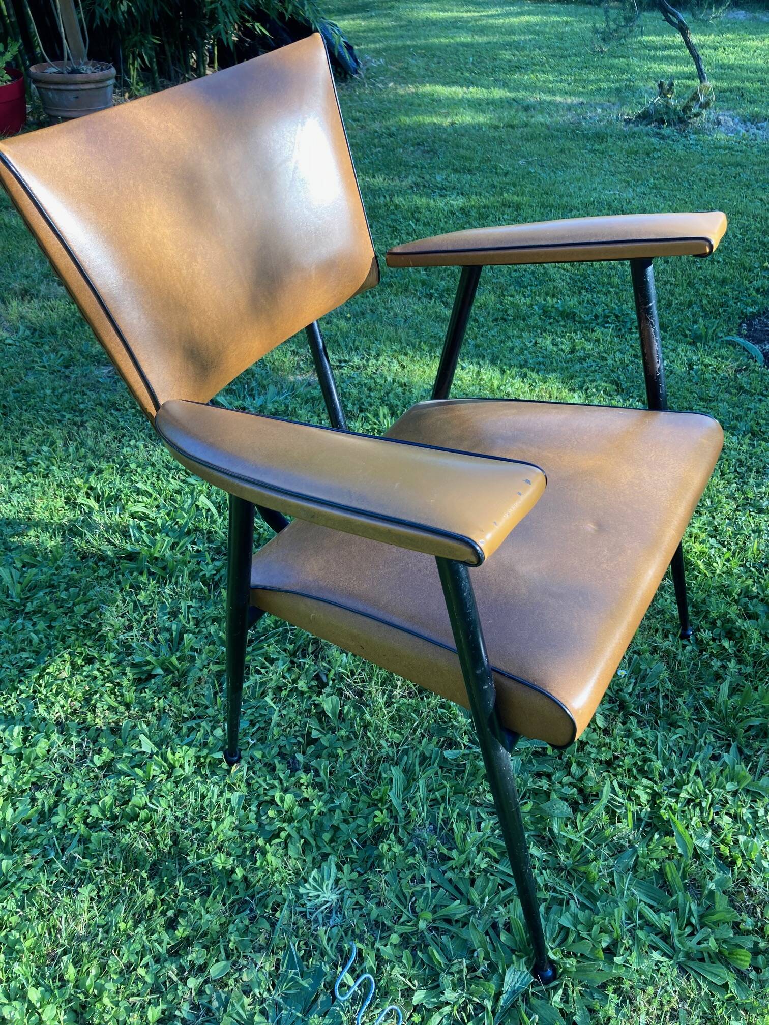 Rare light brown leatherette armchair, by "Colette Gueden", designer from the 50s