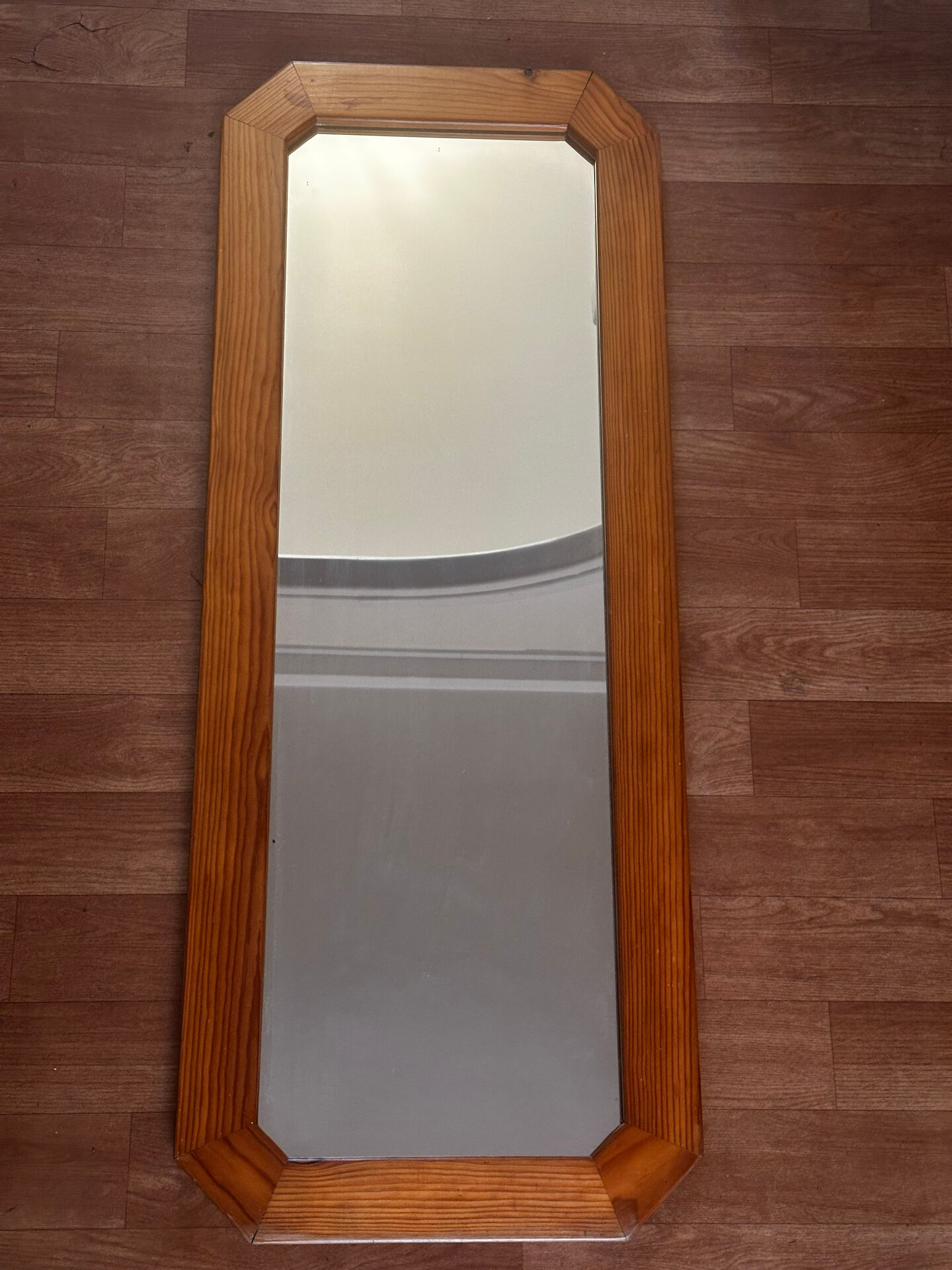 Large octagonal wall mirror in pine, 1970s – 103 × 40 cm