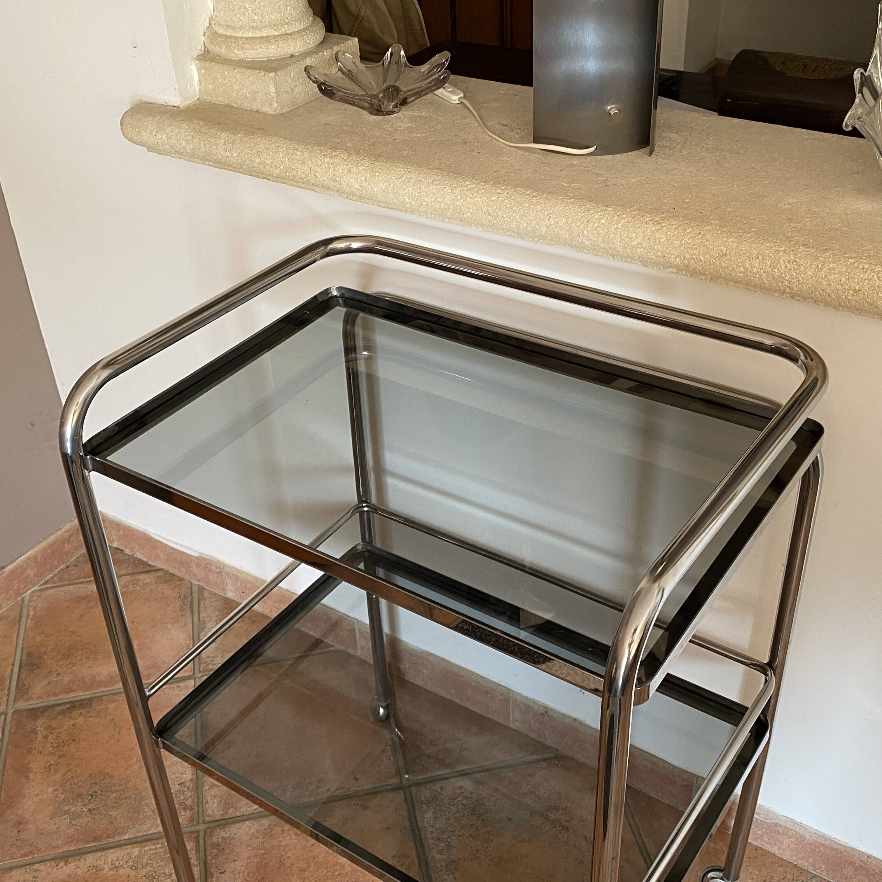 Trolley on wheels in chromed metal and smoked glass, 1970