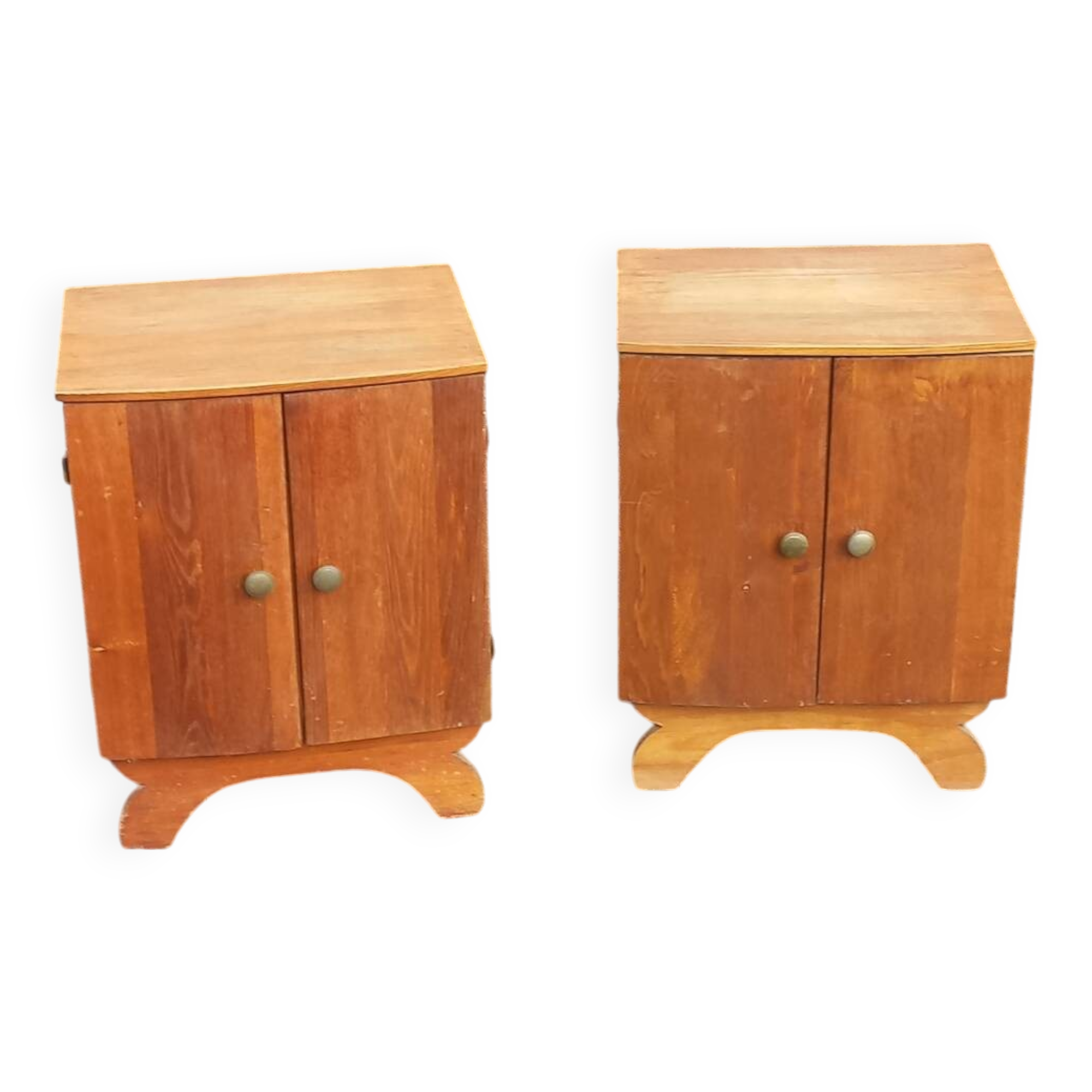 Pair of vintage bedside tables in blond and gilded oak from the 50s