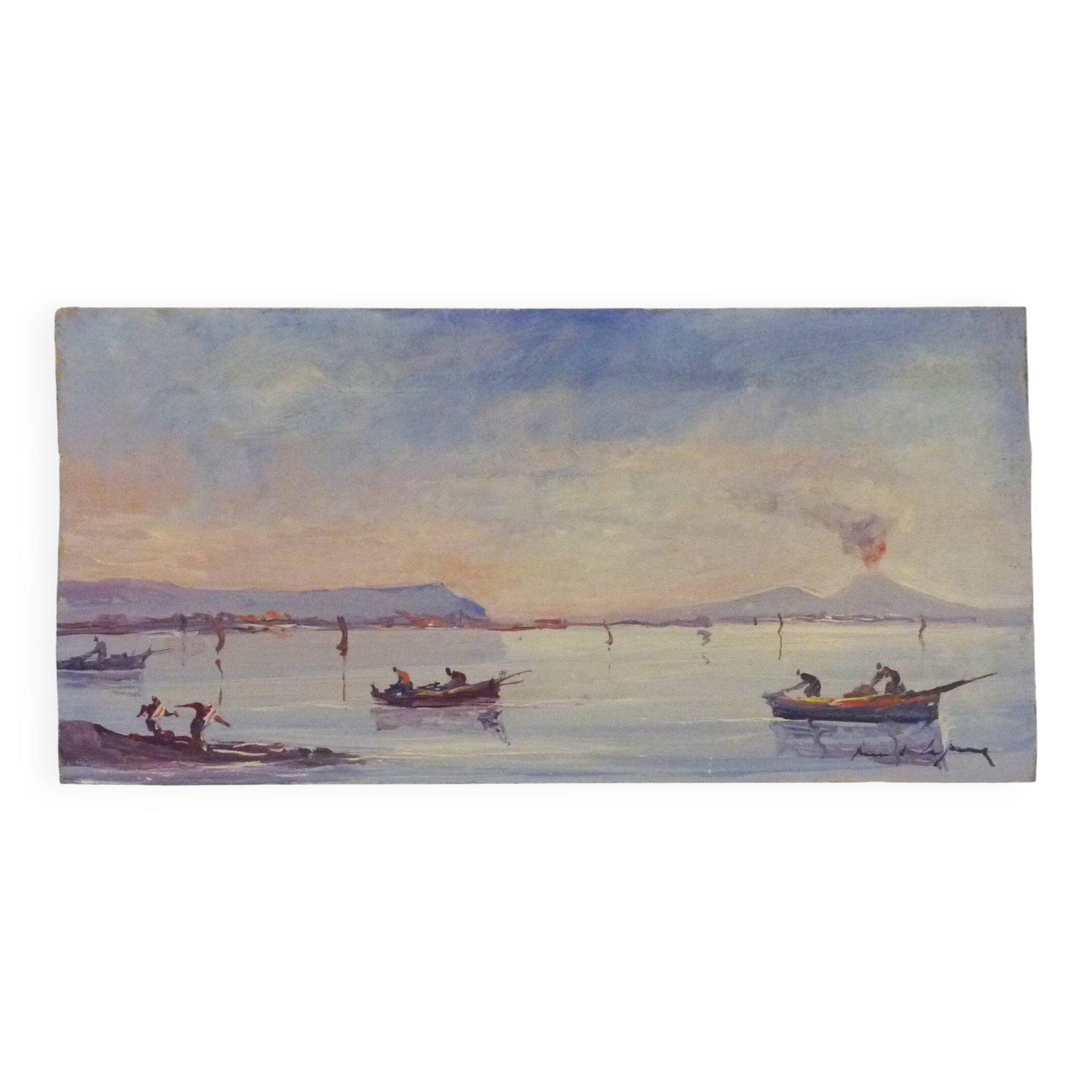 Oil on wood by Riccardo Capone fishermen Italy 50s 60s