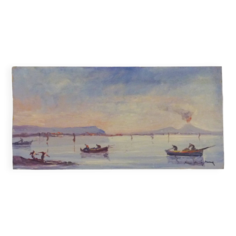 Huile sur bois de Riccardo Capone pêcheurs Italie Années 50 60