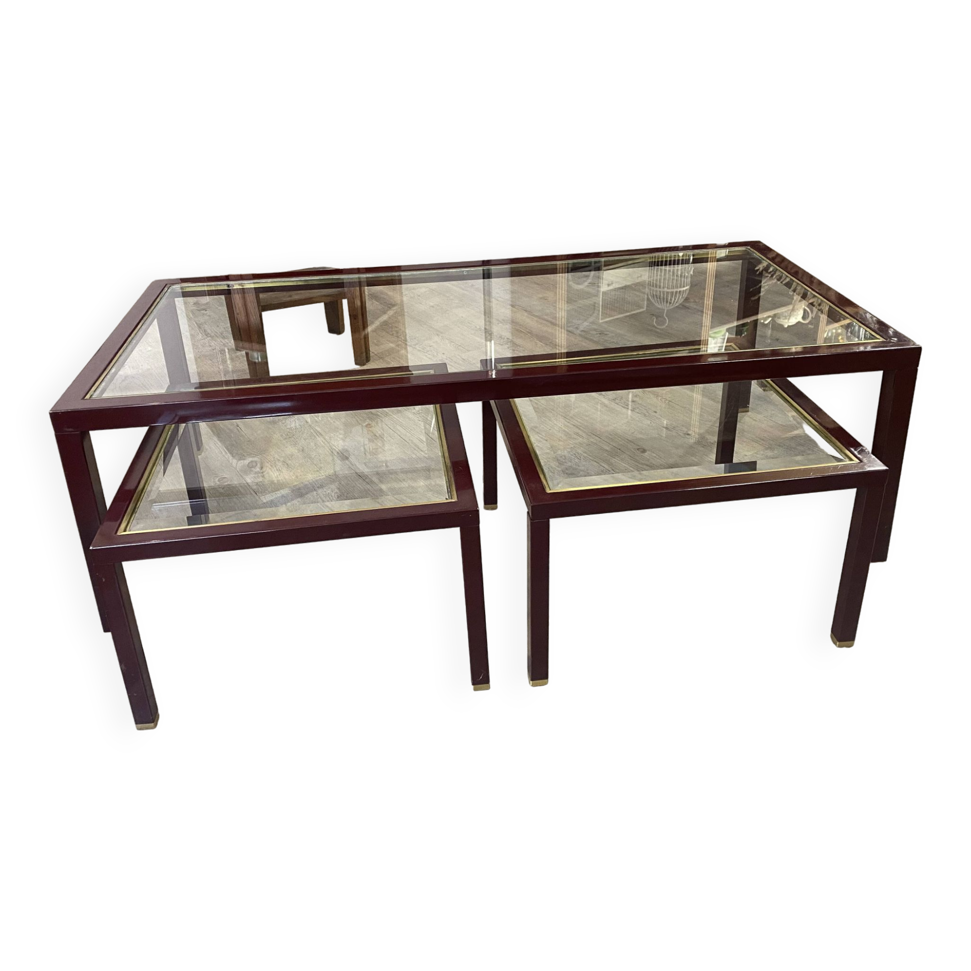 Burgundy lacquered metal, brass and beveled glass nesting tables, France 1950s