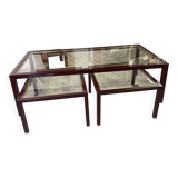 Burgundy lacquered metal, brass and beveled glass nesting tables, France 1950s