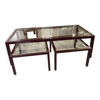 Nesting tables in burgundy lacquered metal, brass and beveled glass, France 1950s