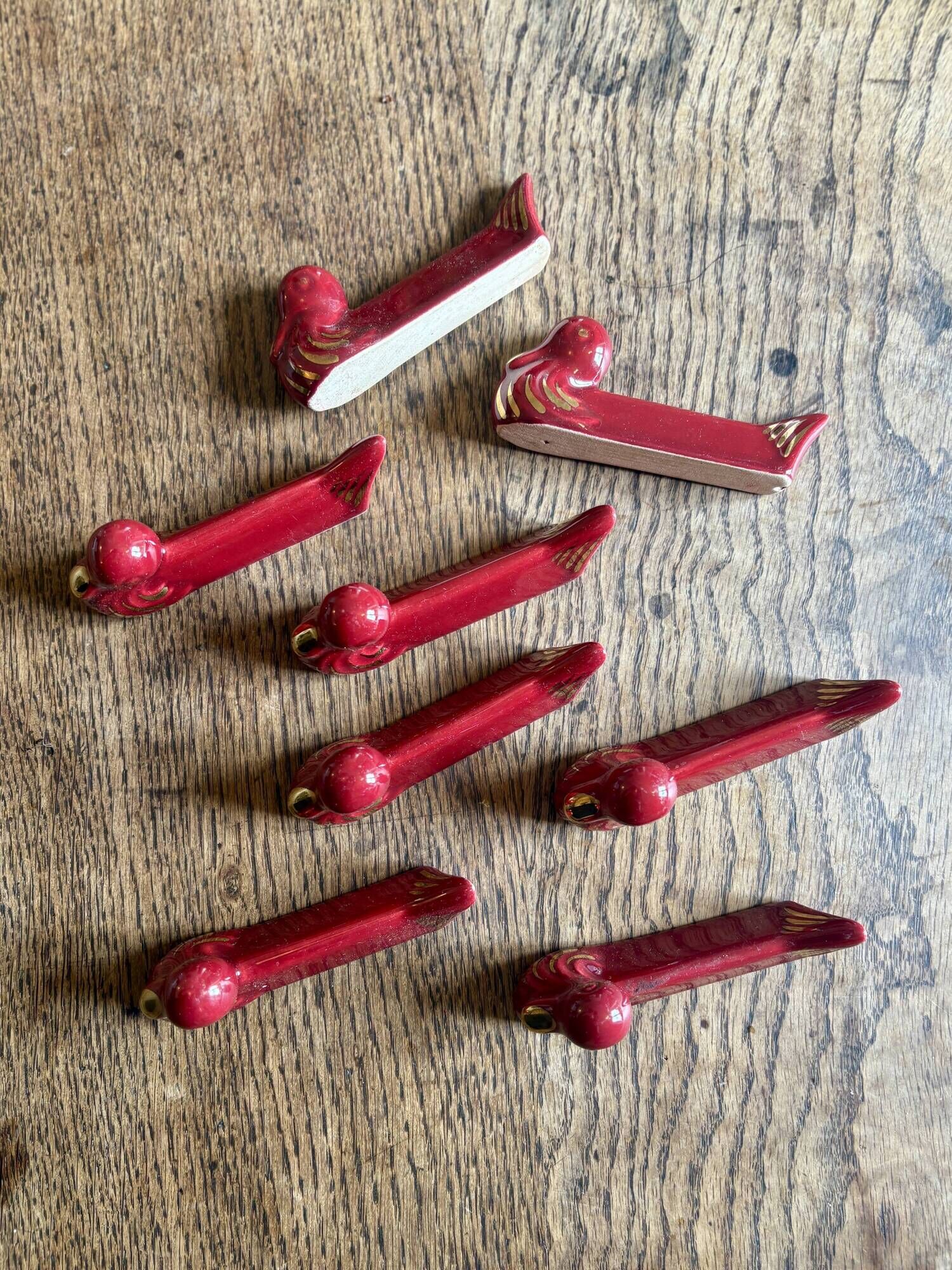 Set of 8 vintage slip knife holders in the shape of red ducks and