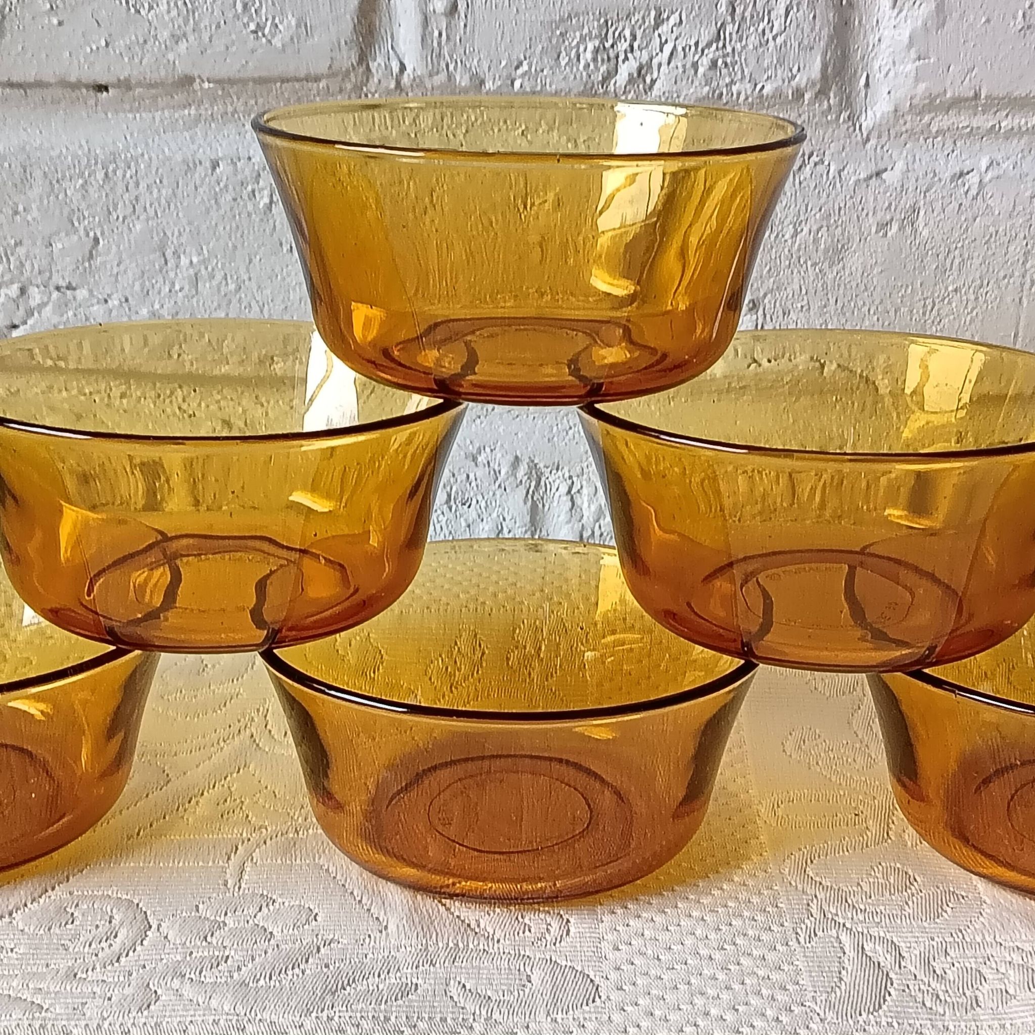 6 amber glass dessert bowls Vereco vintage France