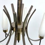 Mid-Century 8 lights brass and opaline glass chandelier. Italy 1950s