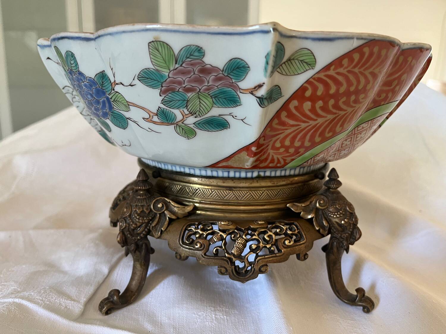 Chinese ceramic cup landscape patterns brass base supported by 4 elephants lai