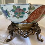 Chinese ceramic cup landscape patterns brass base supported by 4 elephants lai