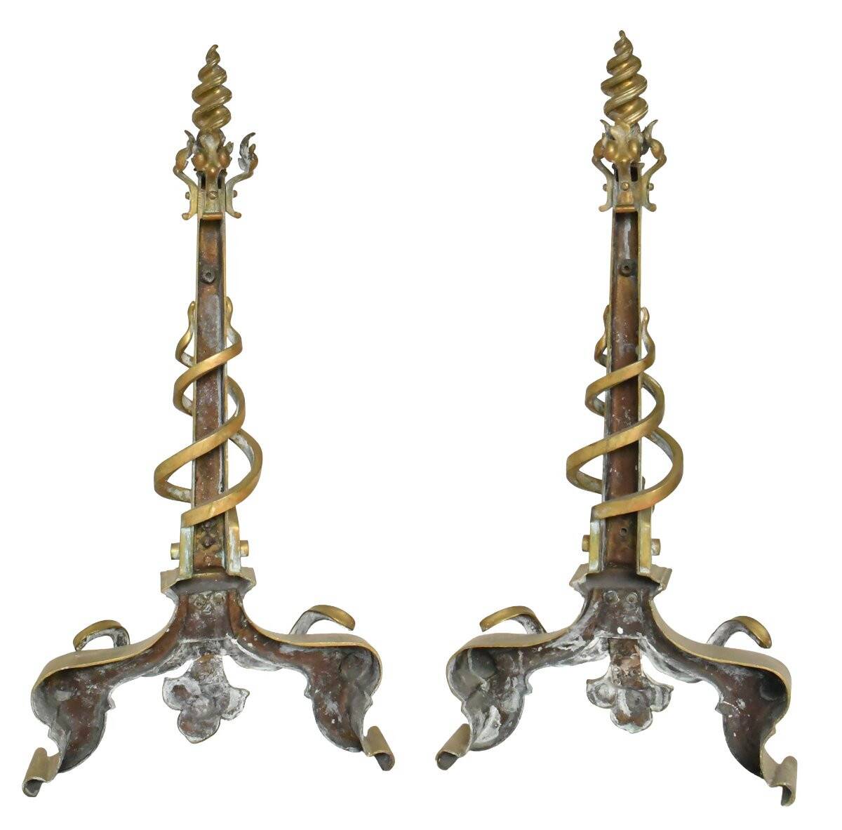 Pair of gilded bronze andirons decorated with serpents.