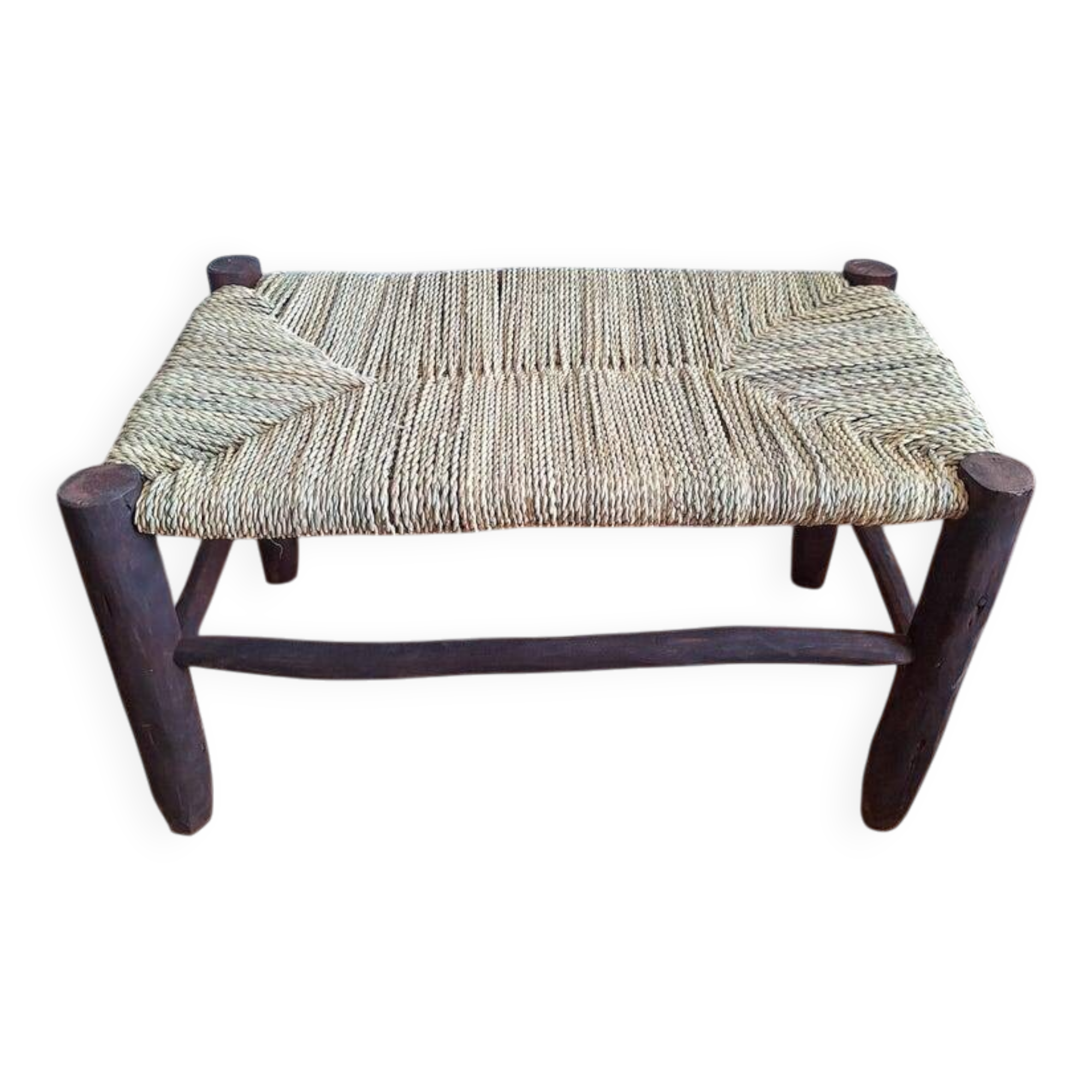 Moroccan bench in dark wood with woven palm leaf seat
