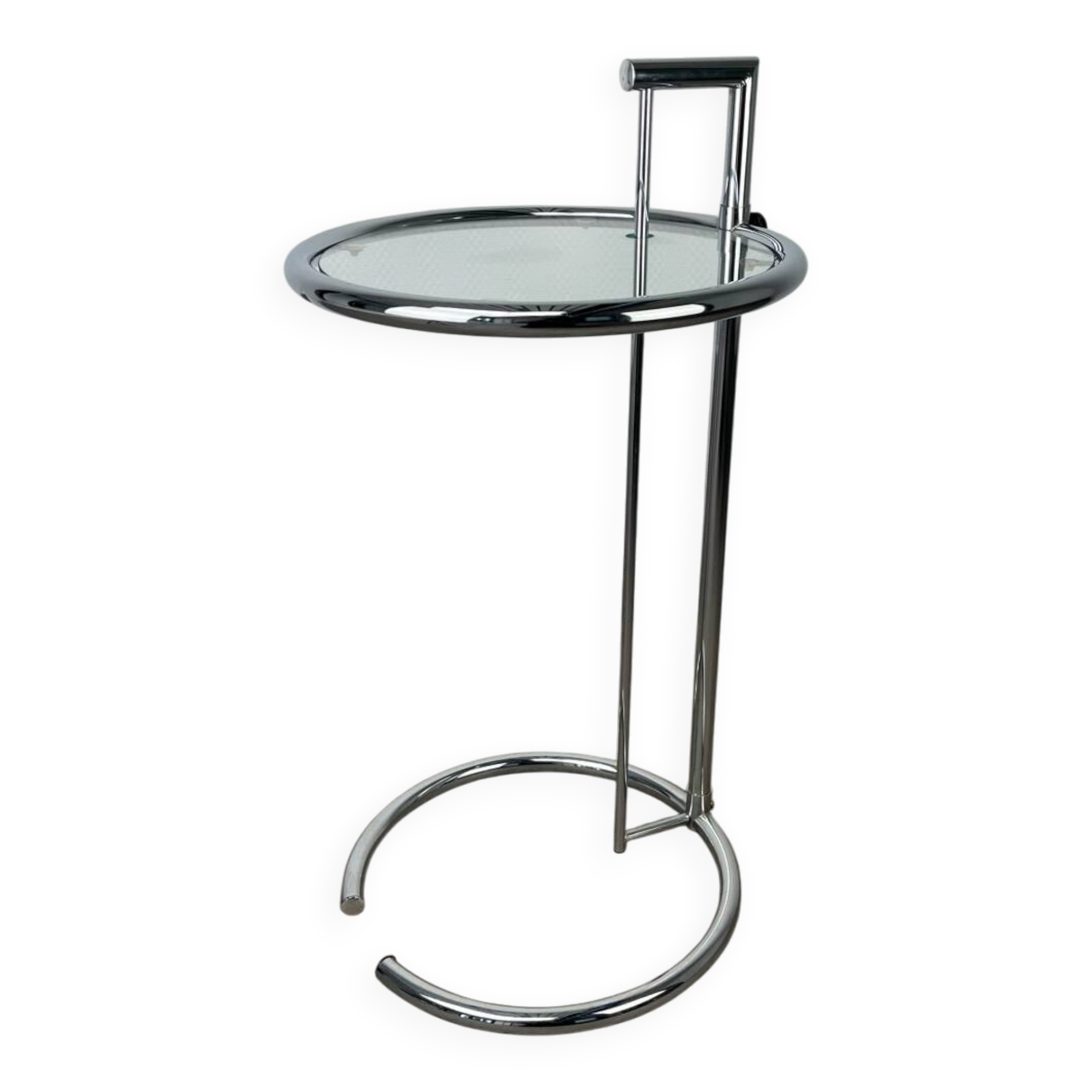 Chrome and glass design side table, adjustable.