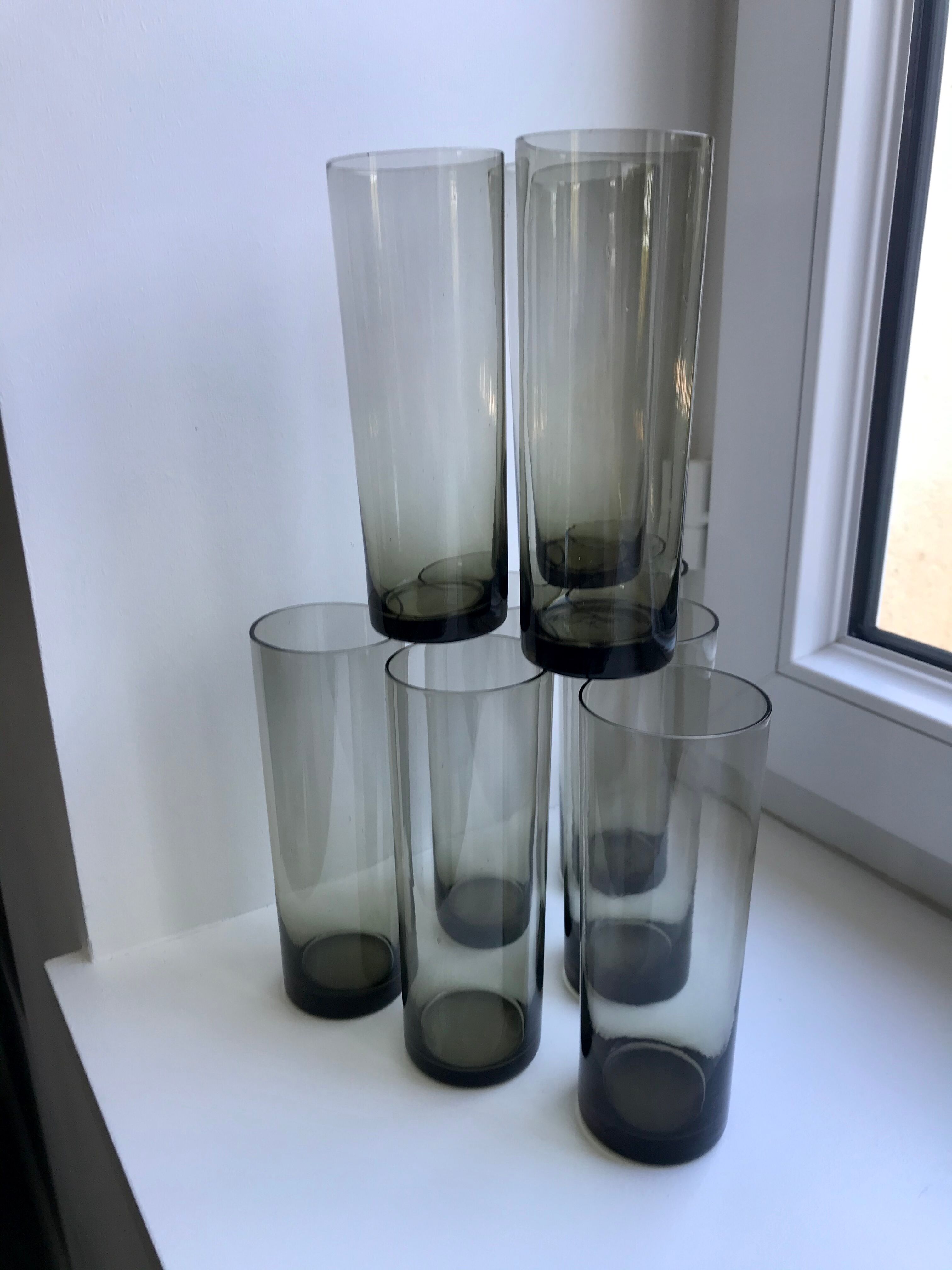 Set of 9 very large glasses in smoked glass 70s