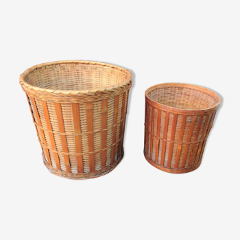 Paire de cache pot en bambou tressé / vintage années 60-70