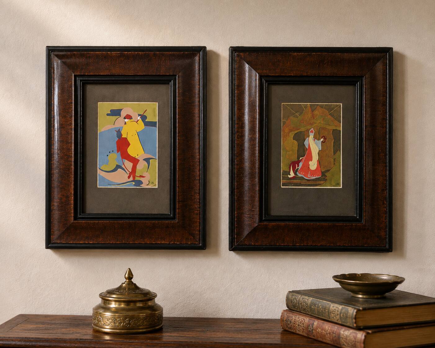 Pair of antique paintings – Russian illustrations – Pushkin – antique frames