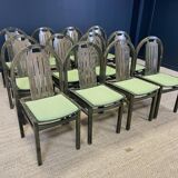 Set of 12 Baumann Argos bistro chairs in wood and green fabric from the 80s France