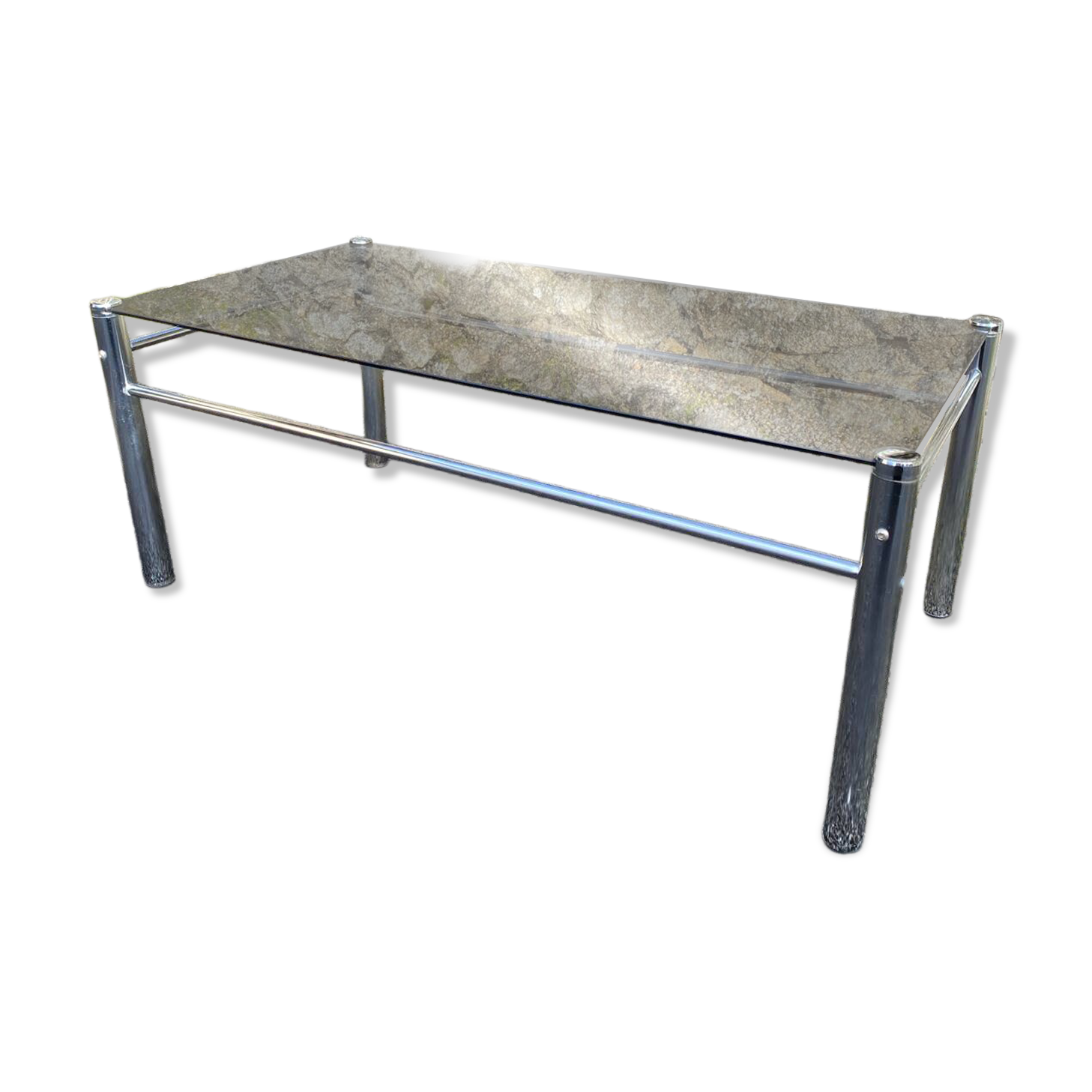 VINTAGE 1970 RECTANGULAR COFFEE TABLE WITH FLAT CHROME TUBULAR LEGS