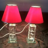 Pair of transparent glass bedside lamp bases - rectangular hologram lamp