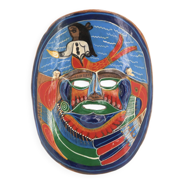 Masque du Mexique en terre cuite colorée, années 70 - Bon état sur Selency