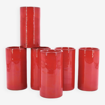Six cylindrical glasses in red ceramic, 70s