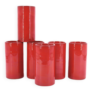 Six cylindrical red ceramic glasses, 1970s.