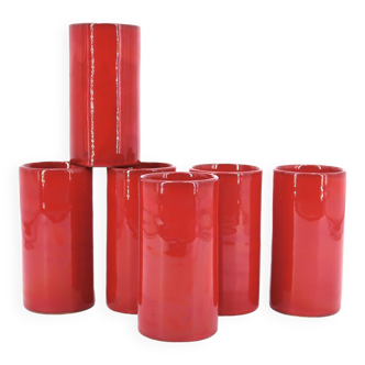 Six cylindrical glasses in red ceramic, 70s