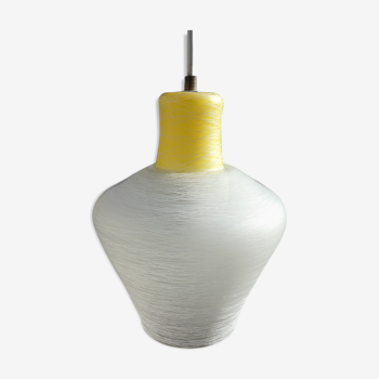 white and yellow vintage textured glass pendant lamp 50s