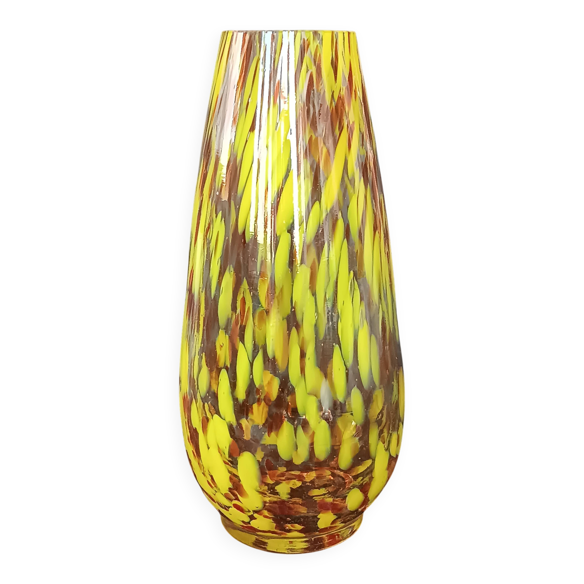 Vase conique verre de Murano moucheté jaune 1970