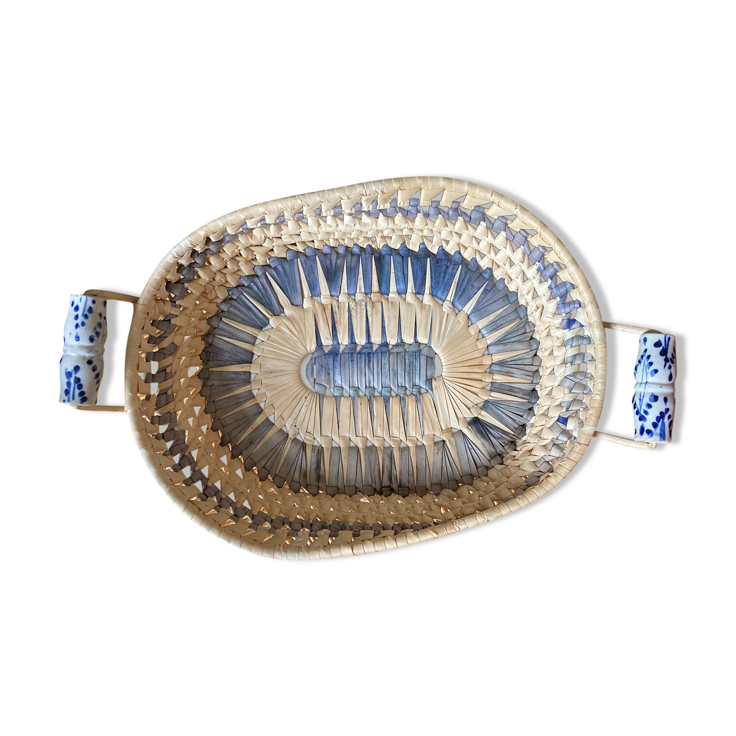 Wicker basket and vintage asymmetrical antique ceramic