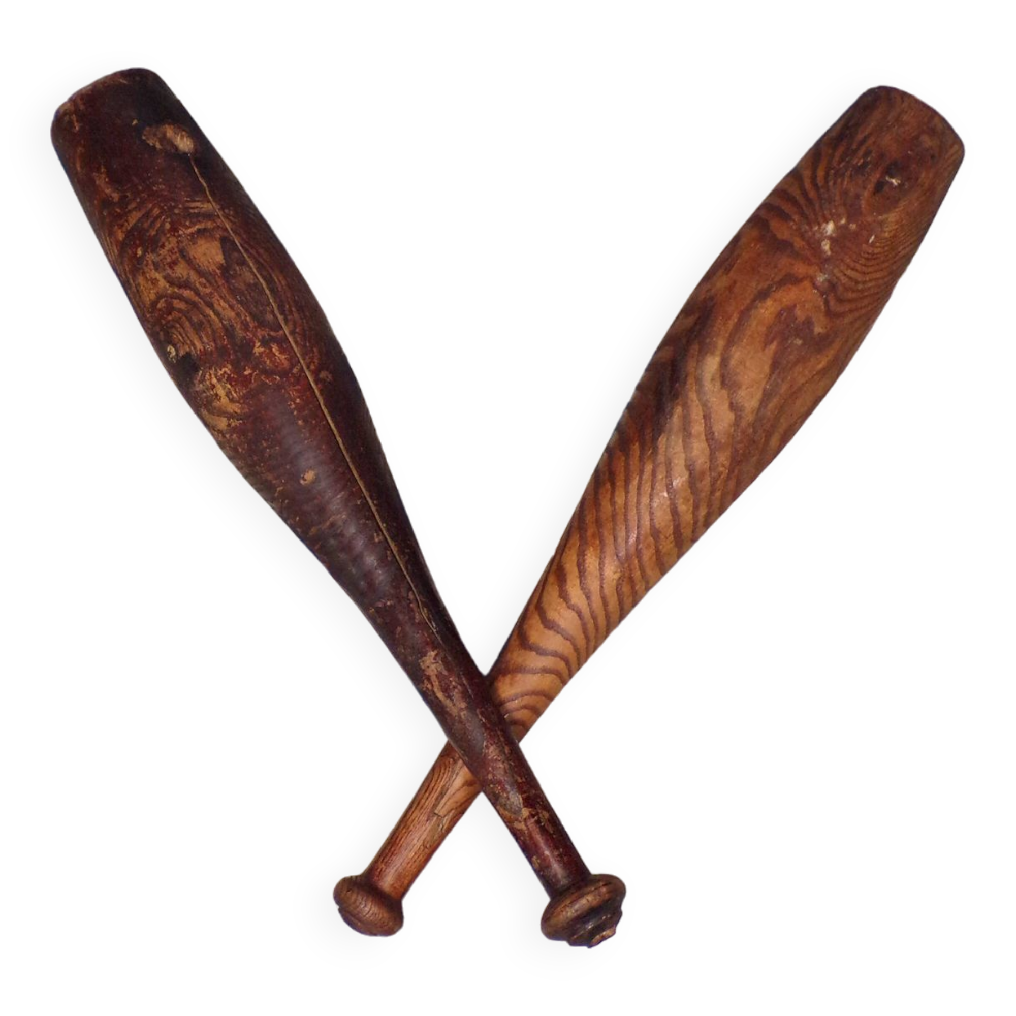 2 old wooden juggling clubs