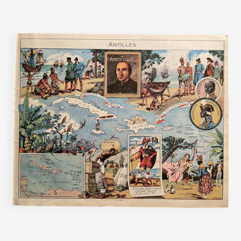 Affiche ancienne carte des Antilles - JP Pinchon - 1940