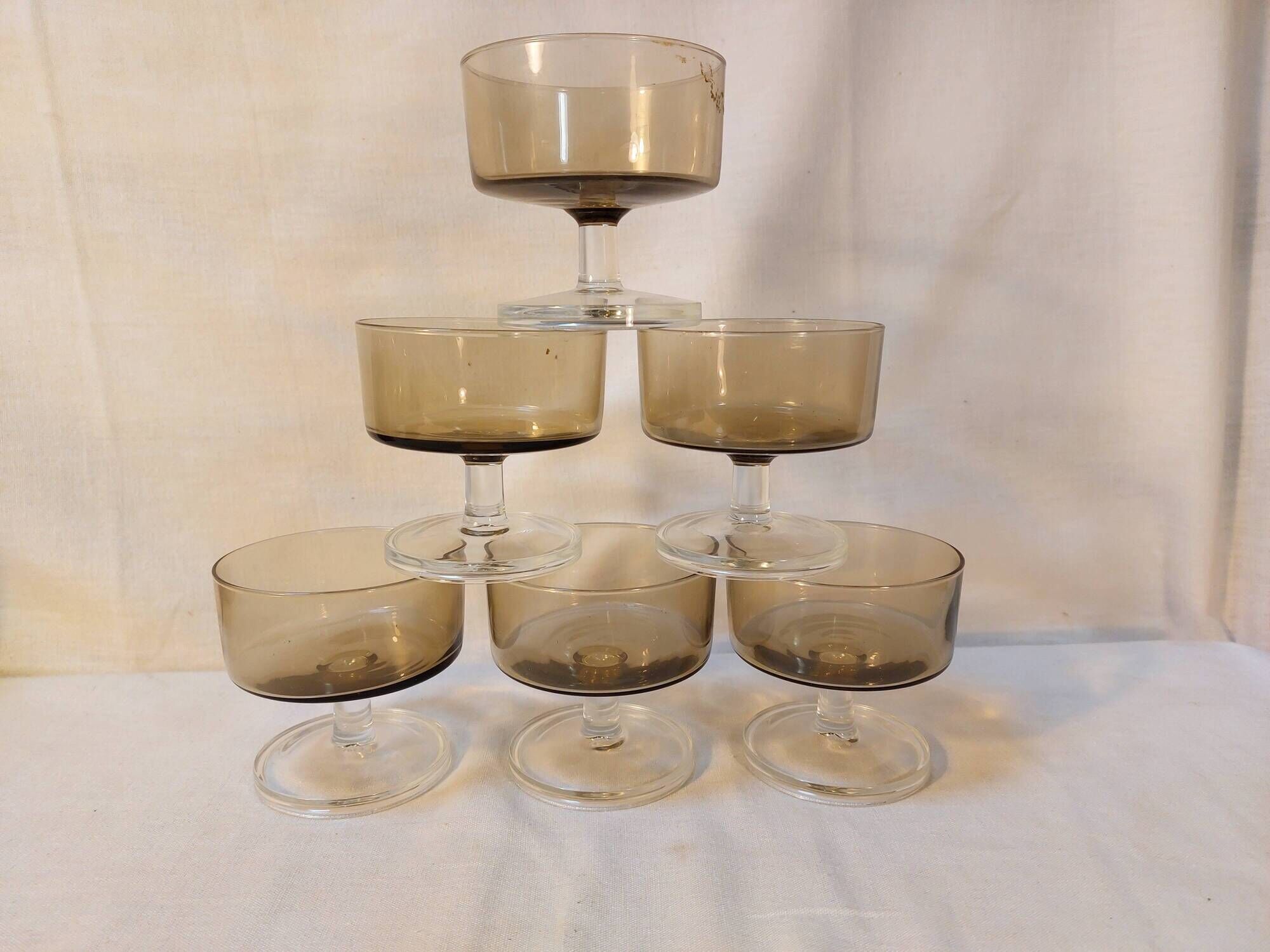 Set of 6 vintage Luminarc champagne glasses, Sweden model, smoked glass