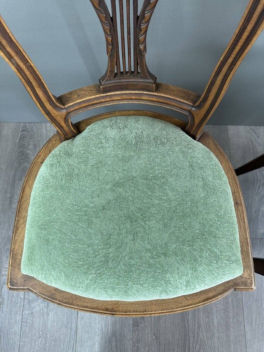 8 Vintage Wooden Chairs With Green Velvet Seat 20th Century