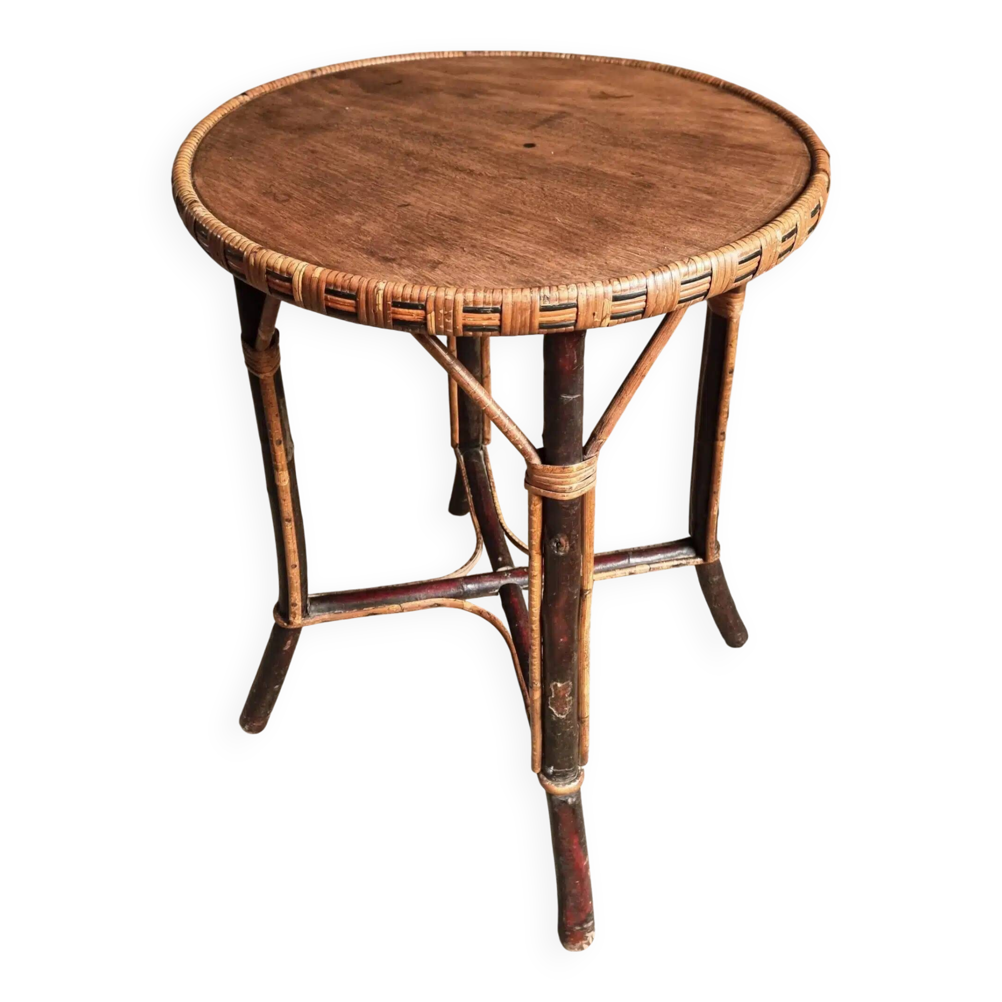 Vintage Round Bamboo and Wood Side Table | Mid-Century Bohemian Accent Table – 1950s/70s