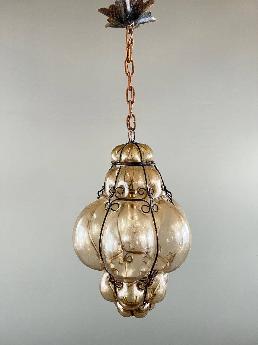 Amber Blown Glass Hanging Lantern, Italian Work, 20th Century