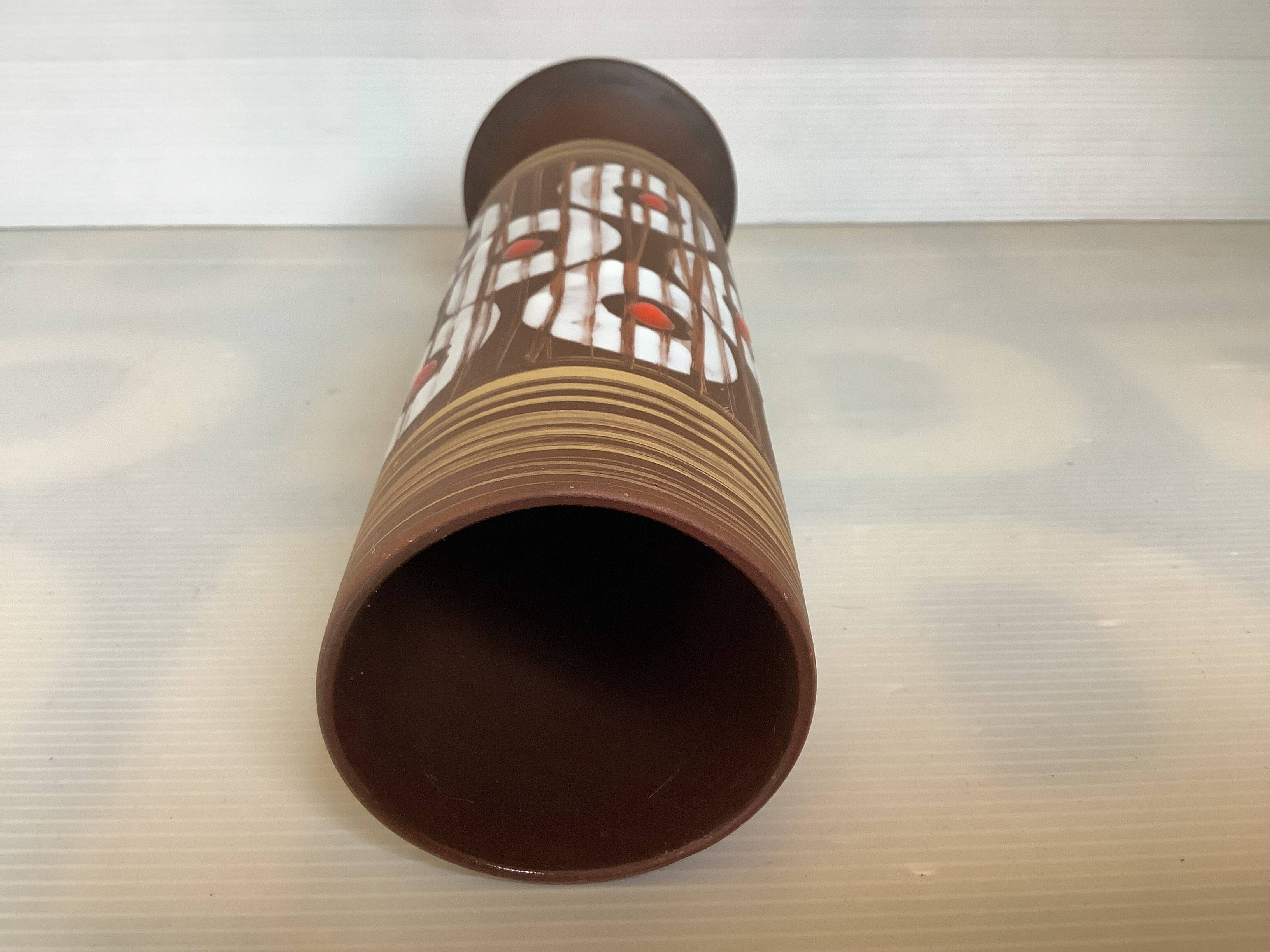 W Germany Round White and Red Matte and Enameled Vase