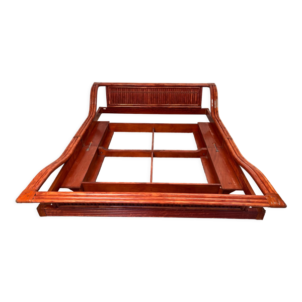 Lit à forme bateau en osier par Maugrion années 60 -70