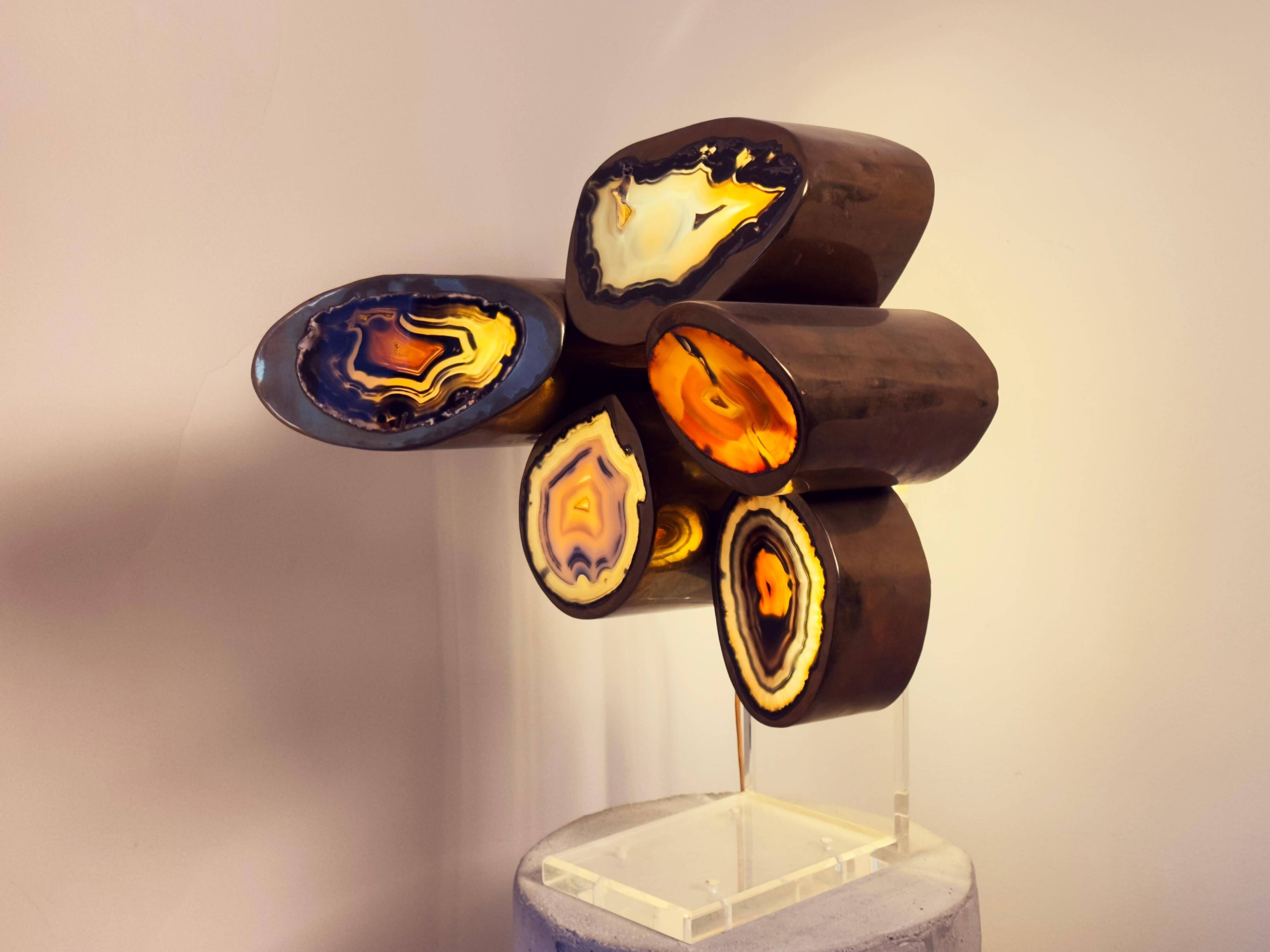 Armand Jonckers Unique Brass and Agate Table Lamp, Belgium, 1970s