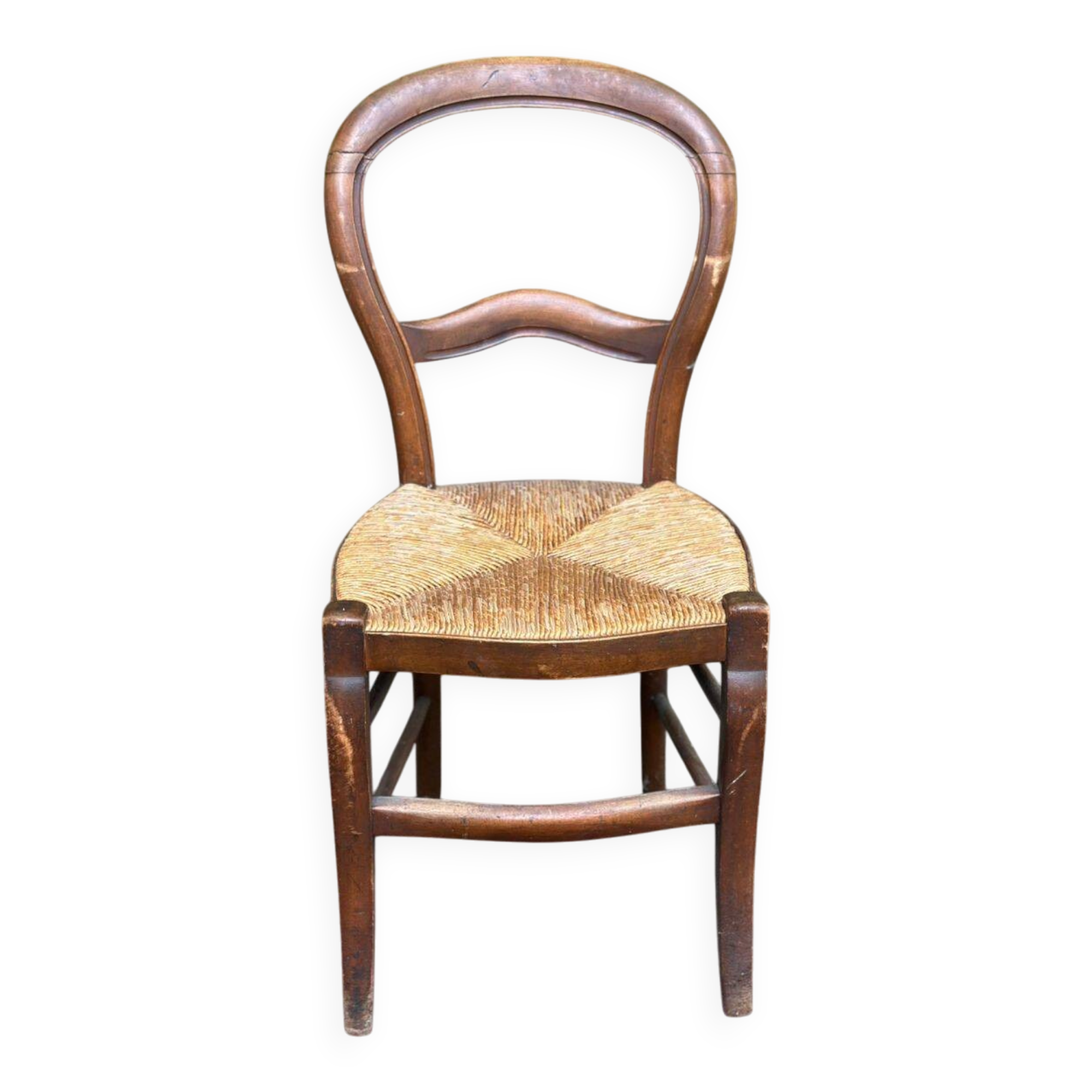 Vintage solid oak chair with rush seat, Louis Philippe style from the 20th century.