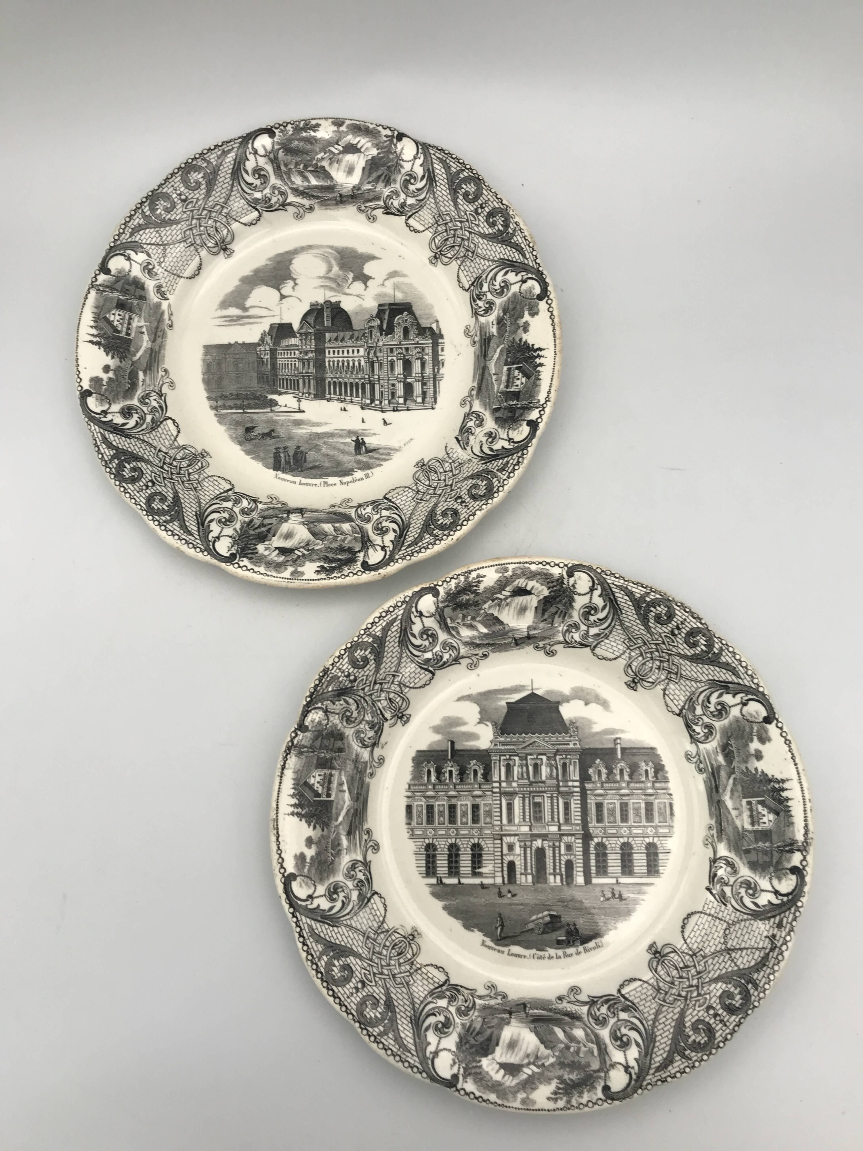 Set of 6 antique choisy-le-roi earthenware plates with grisaille decoration