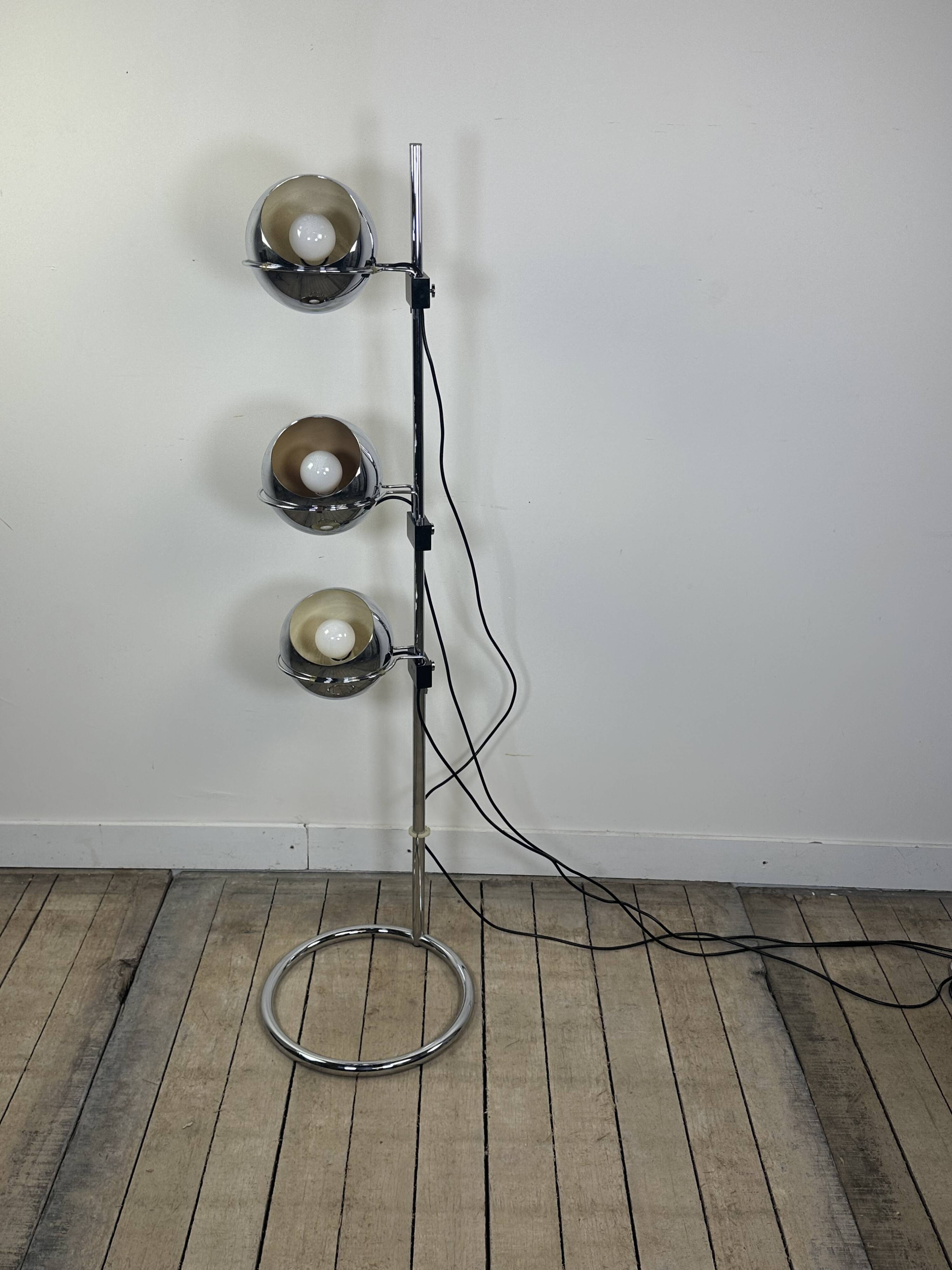 Lampadaire Vintage Space Age "Eyeball" 3 Globes Chromés 1970'S