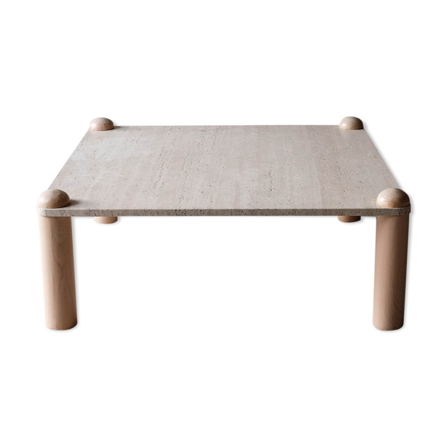Square bass table in travertine and solid wood - 70s