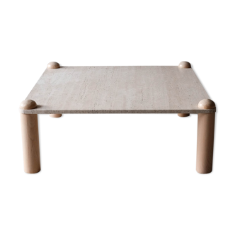 Square bass table in travertine and solid wood - 70s