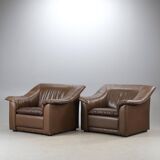 Vintage Pair of Brown Leather Lounge Armchairs — Second Half of the 20th