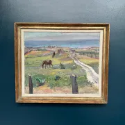 Original Swedish Oil on Canvas – "Coastal Scene with Horses" by Georg Lodström – Signed – 1947 – Framed – 77 × 66 cm